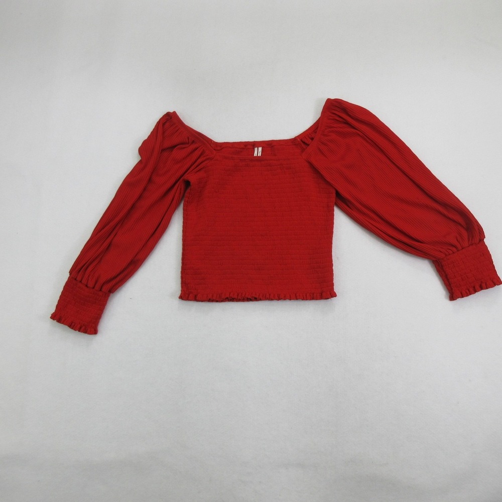 Anthropologie Women's Blouse XS Red Smocked Cropped Puff Sleeve Square Neck
